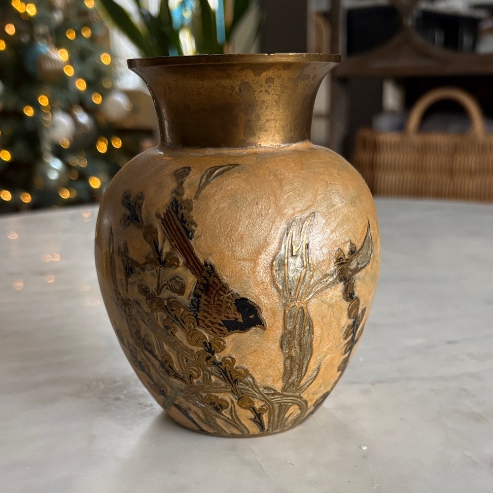 Vintage brass bird motive small Vase